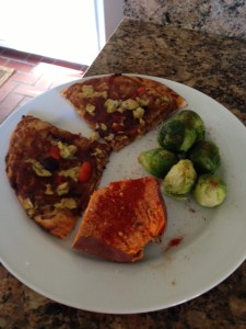For dinner 2 slices of Amy's No Cheese Roasted Vegetable Pizza http://www.amys.com/products/product-detail/pizzas/000103 half a sweet potato with smoked paprika and steamed brussel sprouts. If you have never tried this pizza you need to immediately it is AMAZING!