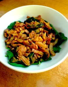 Dinner - veggie lo mein over raw spinach