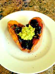 lunch was a sweet potato topped with homemade black beans (cuban style), and homemade guacomole