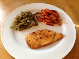 Poblano Chile Chicken, green beans, and roasted carrots