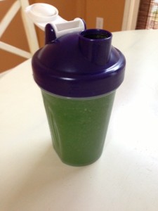 Breakfast Smoothie: apple, celery, cilantro, chia seeds, dandelion greens, kale, 1/2 lemon, water and ice.